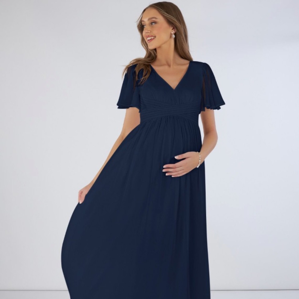 Azazie Navy V-Neck Flutter Sleeve Maternity Gown